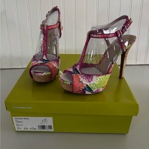 Gianni Bini Multi Floral T-Strap Platform Heels with Pink Accents
